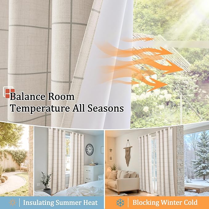 Grey Linen Blackout Curtains for Living Room - Plaid Patterned Curtains 72 Inch Long, Boho Black Out Thermal Insulated Drapes for Bedroom Grommet Style 52x72 Inch 2 Panels