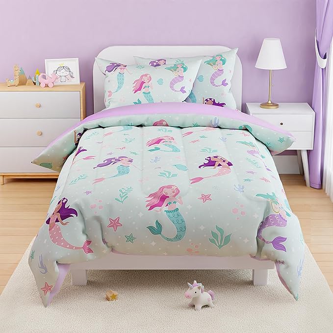 SANDJEST Mermaid Comforter Set Twin Size 68x86in for Kids Girls, Microfiber 3 Pcs Bedding Set Includes 1 Comforter, 1 Pillowcase, 1 Fitted Sheet, Nursery Room Decor