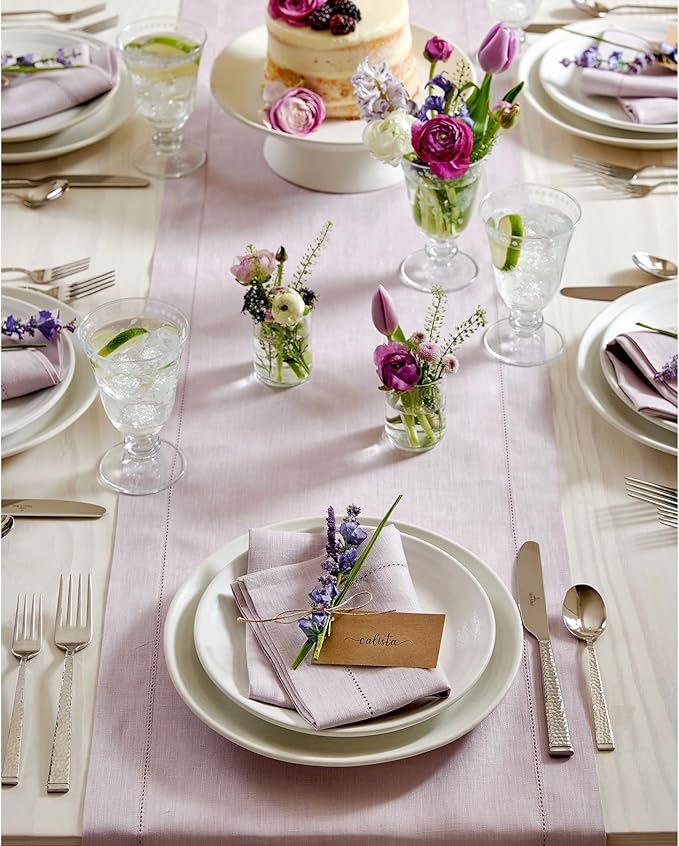 Solino Home Linen Lilac Table Runner 156 Inches Long - 100% Pure Linen Extra Long Table Runner 14 x 156 Inch for Christmas, New Year - Classic Hemstitch