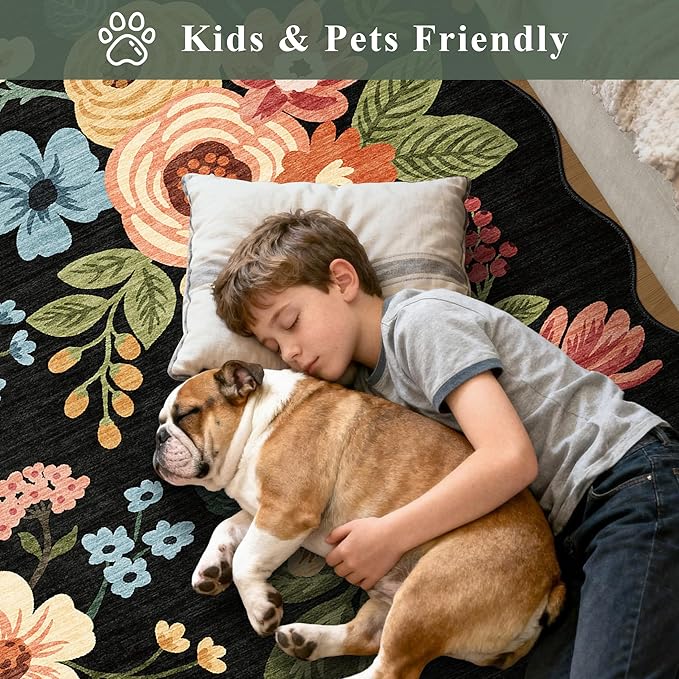 DUKINO 4x6 Area Rug, Floral Non-Slip Indoor Washable Rug with Low Pile & Non-Shedding, Lightwight Boho Design Carpet for Entryway, Bedroom, Kids Room, Living Room, Kitchen, Black