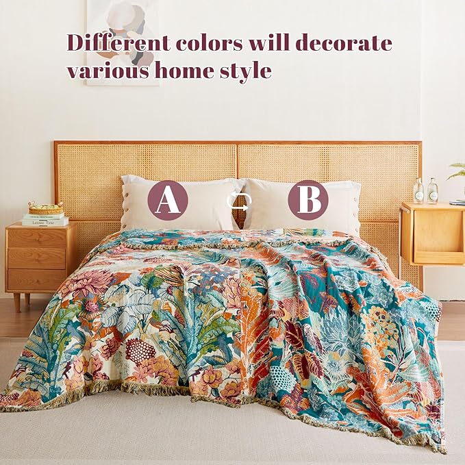 MSGKV Boho Throw Blanket for Bed Twin Size 100% Cotton Floral Blanket 60"x80" for Sofa Couch Muslin Breathable All Seasons Farmhouse Lightweight Blankets Home Decor