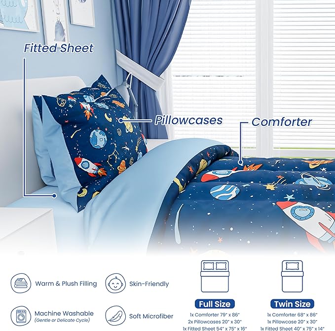 SANDJEST Outer Space Comforter Set Full Size 98x86in for Kids Boys, Microfiber 4 Pcs Bedding Set Includes 1 Comforter, 2 Pillowcases, 1 Fitted Sheet, Nursery Room Decor