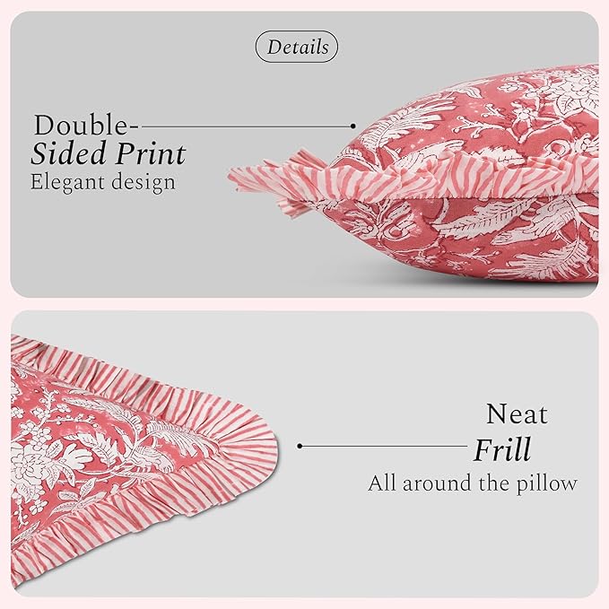 CPC Ruby Red 100% Cotton Block Print Ruffle Sham Cover 20X36 inch Pack of 2, Handmade Boho Floral Pillowcase, Soft Decorative King Bed Pillow Cover for Bedroom Décor