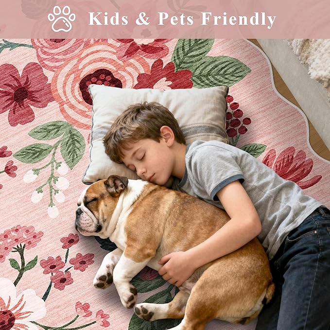 DUKINO 2x6 Runner Rug for Hallway, Washable Kitchen Rug with Non Slip Backing & Non-Shediing, Soft Low Pile Floral Design Runner for Bedroom, Kithchen, Living Room, Laundry, Bathroom, Pink