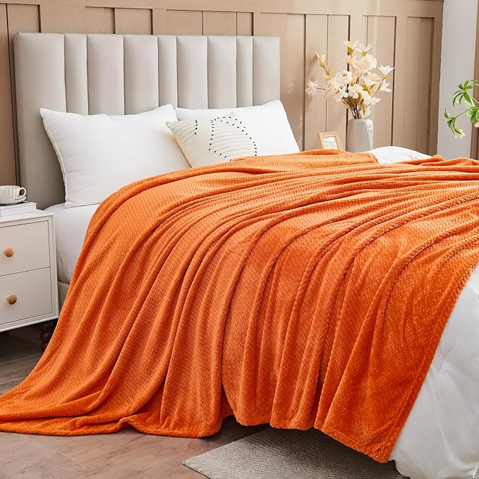NEWCOSPLAY Super Soft Throw Blanket Orange Premium Silky Flannel Fleece Leaves Pattern Lightweight Bed Blanket All Season Use (Orange, Throw(50"x60"))