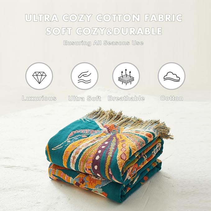 MSGKV Boho Throw Blanket for Bed Twin Size 100% Cotton Floral Blanket 60"x80" Couch Blankets Muslin Breathable All Seasons Lightweight Farmhouse Blankets Home Decor