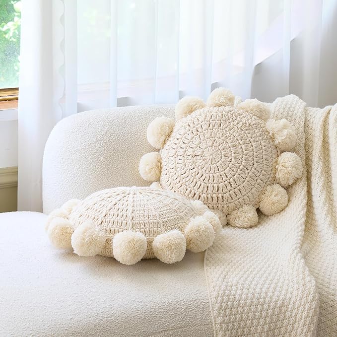Beige 14 Inch Boho Round Throw Pillow, Cute Throw Pillow with Pom Poms Tassels, Decorative Circular Knitted Crochet Cushion for Couch Sofa Chair Bed