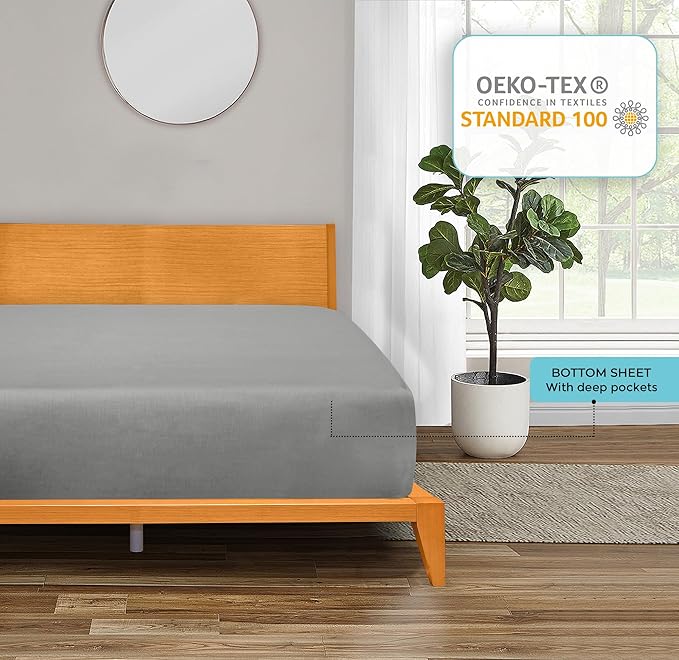 ROYALE LINENS 300 Thread Count 100% Long Staple Combed Cotton Fitted Sheet Twin - Super Soft Deep Pocket Bottom Sheet - Fitted Sheets Only - Elastic Sheets (Twin, Silver)