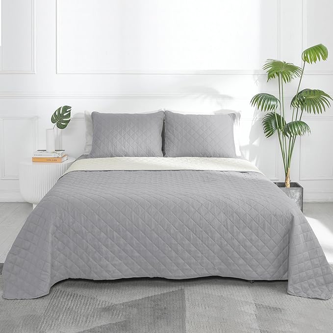 Easy-Going Queen Plus Size Reversible Quilt Set with 1 Quilt and 2 Pillow Shams, Soft Bed Quilt Cover, Water Resistant Lightweight Microfiber Bedspread, Stain Resistant, Light Gray/Ivory