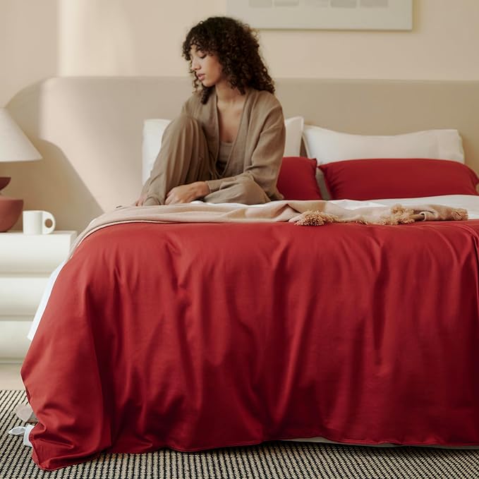Double Stitch Cotton Tencel Duvet Cover - Queen Size Comforter Cover, Luxury & Soft Eucalyptus Lyocell Bedding Set for Hot Sleepers, Cooling, Smooth & Breathable, Button Closure, Red, 90"x90"