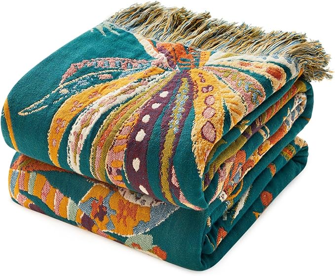 MSGKV Boho Throw Blanket for Bed Twin Size 100% Cotton Floral Blanket 60"x80" Couch Blankets Muslin Breathable All Seasons Lightweight Farmhouse Blankets Home Decor