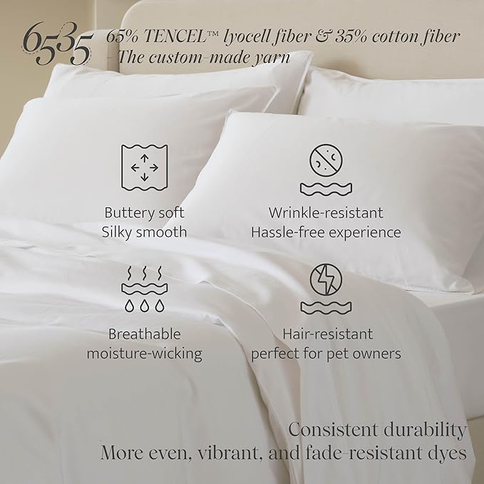 Double Stitch Cotton Tencel Duvet Cover - Queen Size Comforter Cover, Luxury & Soft Eucalyptus Lyocell Bedding Set for Hot Sleepers, Cooling & Breathable, Button Closure, Bright White, 90"x90"