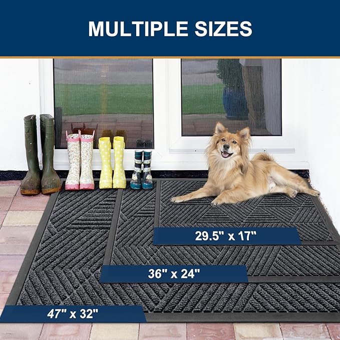 Smiry Front Door Mat Outside Entrance, Heavy Duty Sturdy Natural Rubber Doormat, Trap Dirt and Moisture, Easy Clean Low Profile Mats for Indoor Outdoor Entry, Irregular Triangle (29.5x17, Silver Grey)