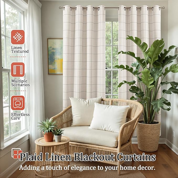 Grey Linen Blackout Curtains for Living Room - Plaid Patterned Curtains 72 Inch Long, Boho Black Out Thermal Insulated Drapes for Bedroom Grommet Style 52x72 Inch 2 Panels