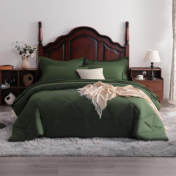7-Piece Queen Comforter Set with Sheets – Soft and Breathable All-Season Queen Bed in a Bag, Down Alternative Comforter Set Solid Color All Season, Olive Green