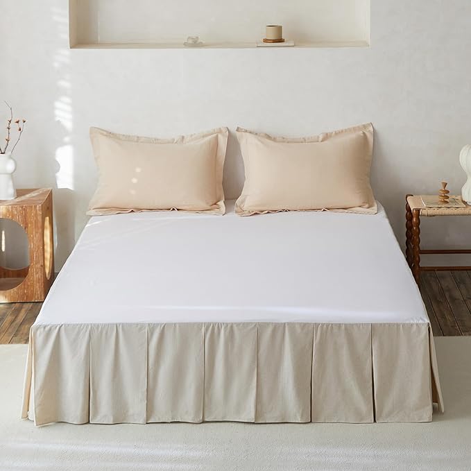 BISELINA French Linen Pleated Bed Skirt, 14" Tailored Draped Natural Linen-Cotton Blend Basic Dust Border Soft Comfort Farmhouse Bedding (14" Queen, Linen)