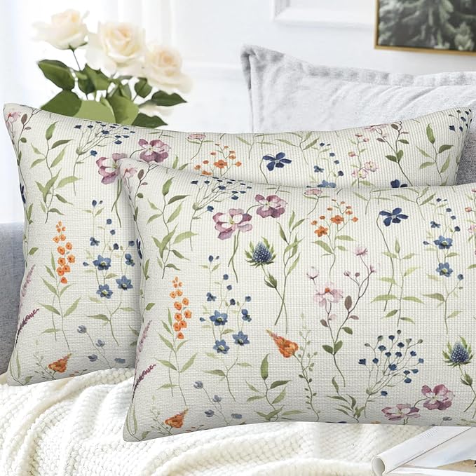 Throw Pillow Covers Spring Summer Floral Pillow Covers 20x12 Inch Set of 2 Watercolor Flowers Throw Pillows Decorative Pillow Cases Cushion Covers for Bedroom Livingroom Sofa Farm House