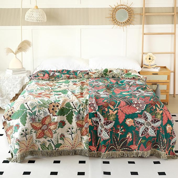 MSGKV Boho Throw Blanket for Bed Twin Size 100% Cotton Floral Blanket 60"x80" Lightweight Farmhouse Muslin Breathable Couch Blankets Home Decor All Seasons