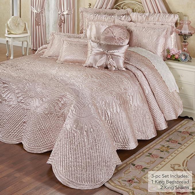 Touch of Class Portia Luxury Bedding | Posh Rose Quartz | Premier Quilted Polyester Satin | Romantic Hand Guided Machine Quilted Scroll Design 3 Piece Set with King Bedspread and 2 King Shams