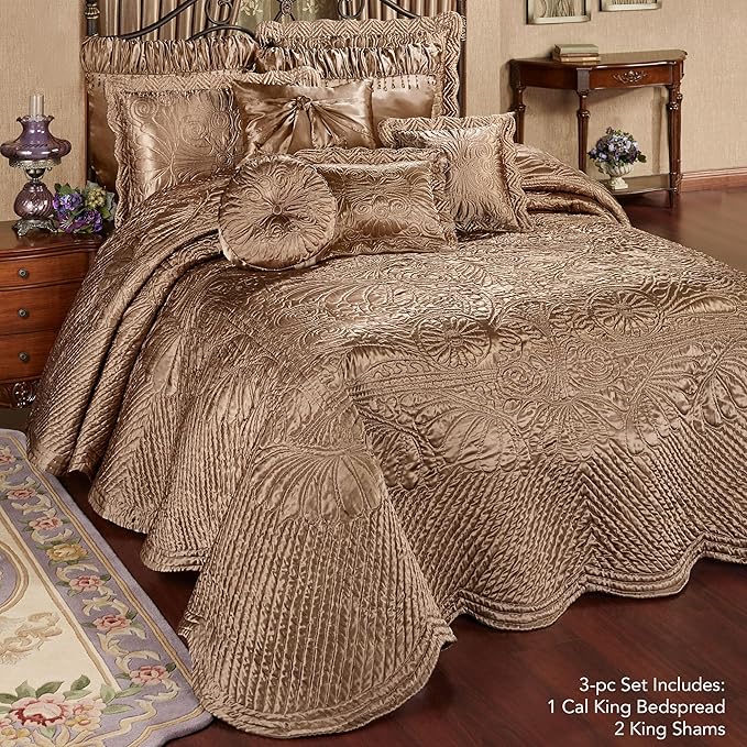 Touch of Class Portia Luxury Bedding | Rich Smoky Topaz | Premier Quilted Polyester Satin | Hand Guided Machine Quilted Scroll Design 3 Piece Set: Cal King Oversized Bedspread and 2 King Shams