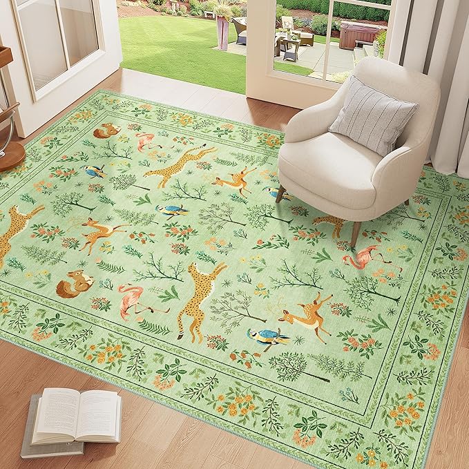 DUKINO 4x6 Rug, Washable Animal Area Rug with Non Slip Vintage Design, Indoor Soft Low Pile Carpet for Bedroom, Nursery, Dining Room, Farmhouse, Playroom, Light Green