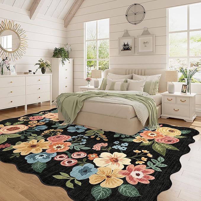 DUKINO 5x7 Area Rug, Floral Washable Rugs for Living Room with Non Slip Backing & Non-Shedding, Lightwight Low Pile Boho Design Large Carpets for Bedroom, Living Room, Dining Room, Black