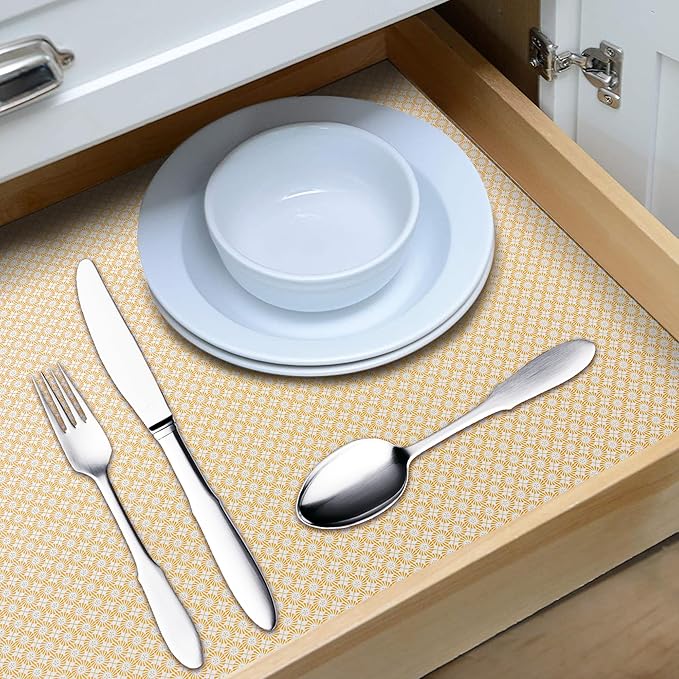 RAY STAR 18X96 Inch Shelf Liner for Kitchen Cabinets, Non-Adhesive Cabinet Liner Washable, PVC Drawer Liner for Dresser Non-Slip Bathroom (Yellow Circle)(2 Roll)