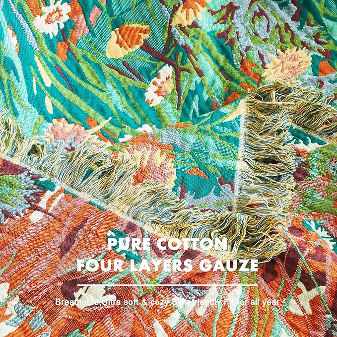 MSGKV Boho Throw Blanket 60"x80" Floral Blankets for Bed 100% Cotton Twin Size Couch Blanket Lightweight Farmhouse Muslin Breathable Home Decor All Seasons