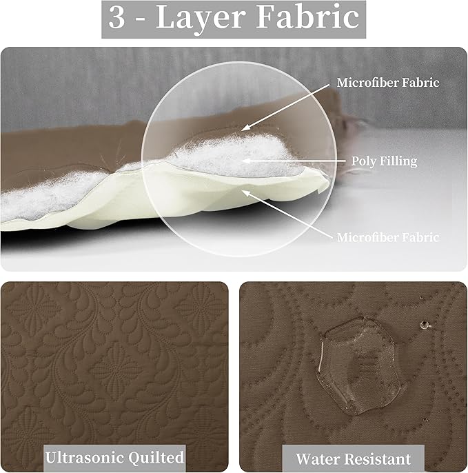 Easy-Going King Size Reversible Quilt Set with 1 Quilt and 2 Pillow Shams, Soft Bed Quilt Cover, Water Resistant Lightweight Microfiber Bedspread, Stain Resistant, Olive Leaf-Camel/Ivory