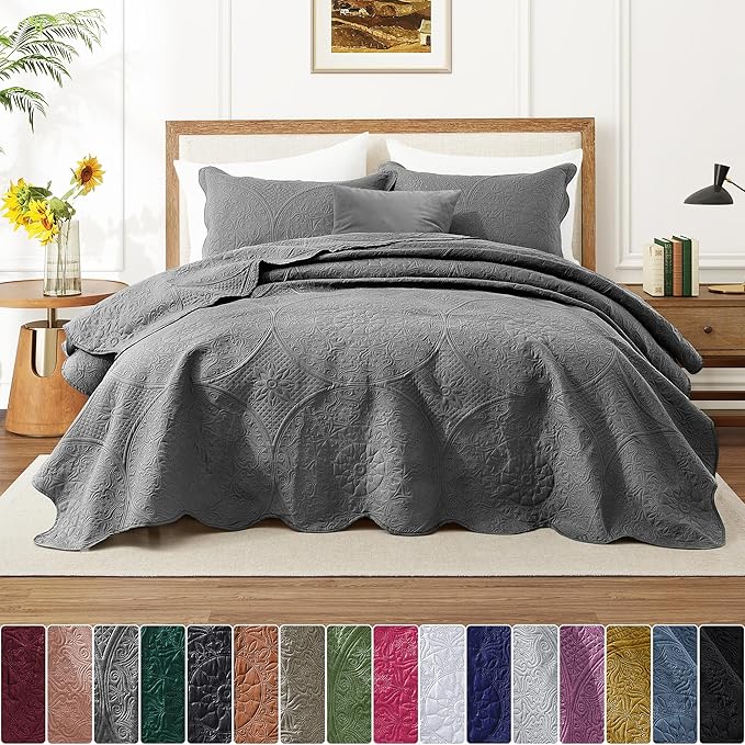 IR Imperial Rooms King Quilt Bedding Set Size (106" x 96") + 2 Pillow Shams (20" x 36"+ 2") - 3 Pcs All Season Lightweight Reversible Microfiber Coverlet Floral Embossed Quilt Bedspread (Grey)