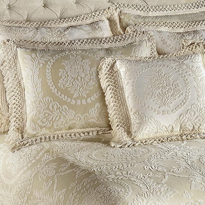 Timeless Vintage Style Bedding with Fringe | Neutral Sage and Ecru Hues | Textured Matelasse Rose Medallions and Leaves | 3 Piece Lightweight Set: Oversized California King Bedspread & 2 King Shams