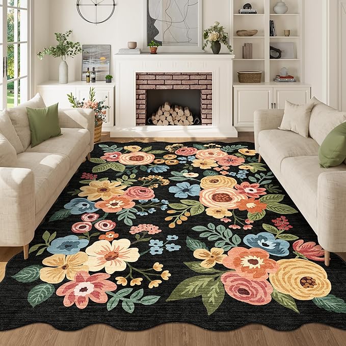 DUKINO 5x7 Area Rug, Floral Washable Rugs for Living Room with Non Slip Backing & Non-Shedding, Lightwight Low Pile Boho Design Large Carpets for Bedroom, Living Room, Dining Room, Black