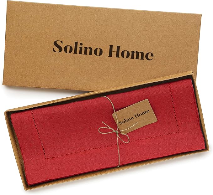 Solino Home Linen Red Table Runner 132 Inches Long - 100% Pure Linen Extra Long Table Runner 14 x 132 Inch for Christmas, Holiday, Winter, New Year - Classic Hemstitch
