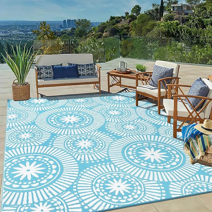 Ileading Large Plastic Outdoor Rug 8x10ft Modern Geometric Style Reversible Patio Area Rugs Waterproof Non Shedding Portable Carpets for Rv Outside Deck Pool Beach Picnic Camping (Teal)