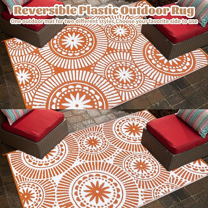 Ileading Large Plastic Outdoor Rug 9x12ft Modern Geometric Style Reversible Patio Area Rugs Waterproof Non Shedding Portable Carpets for Rv Outside Deck Pool Beach Picnic Camping (Orange)