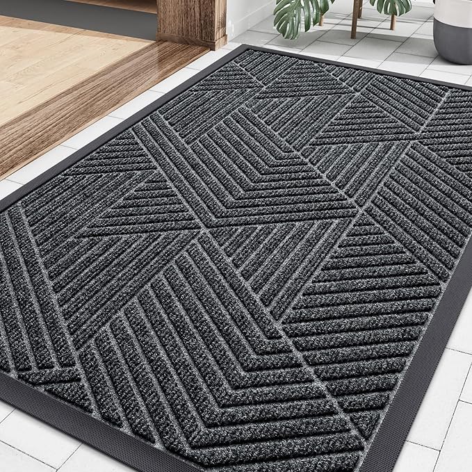 Smiry Front Door Mat Outside Entrance, Heavy Duty Sturdy Natural Rubber Doormat, Trap Dirt and Moisture, Easy Clean Low Profile Mats for Indoor Outdoor Entry, Irregular Triangle (36x24, Grey)