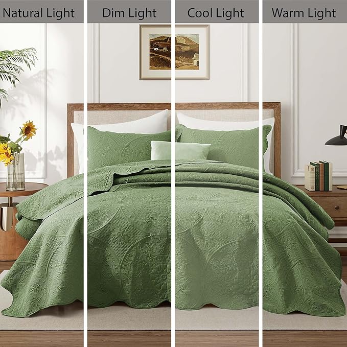 IR Imperial Rooms Twin Quilt Bedding Set Size (68” x 86”) + 1 Pillow Shams (20” x 26” + 2”) - 2 Pcs All Season Lightweight Reversible Microfiber Coverlet Floral Embossed Quilt Bedspread (Olive Green)