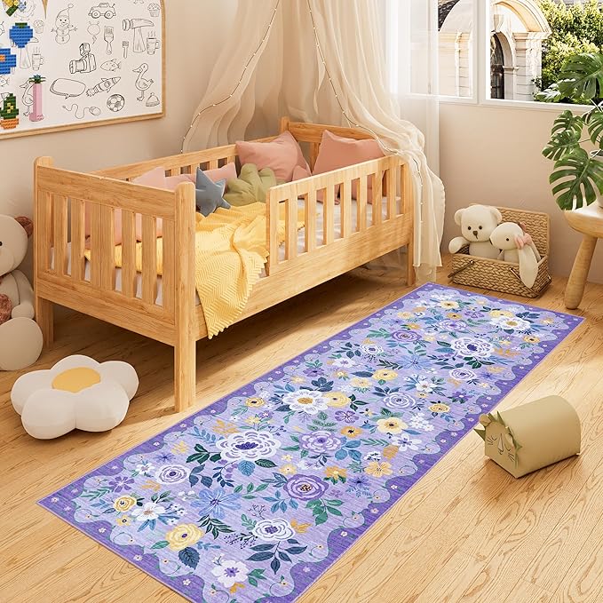 DUKINO 2x6 Runner Rug for Hallway, Washable Kitchen Rug with Non Slip Backing, Low Pile Soft Boho Floral Runner for Kitchen, Hallway, Entryway, Laundry, Bedroom, Purple