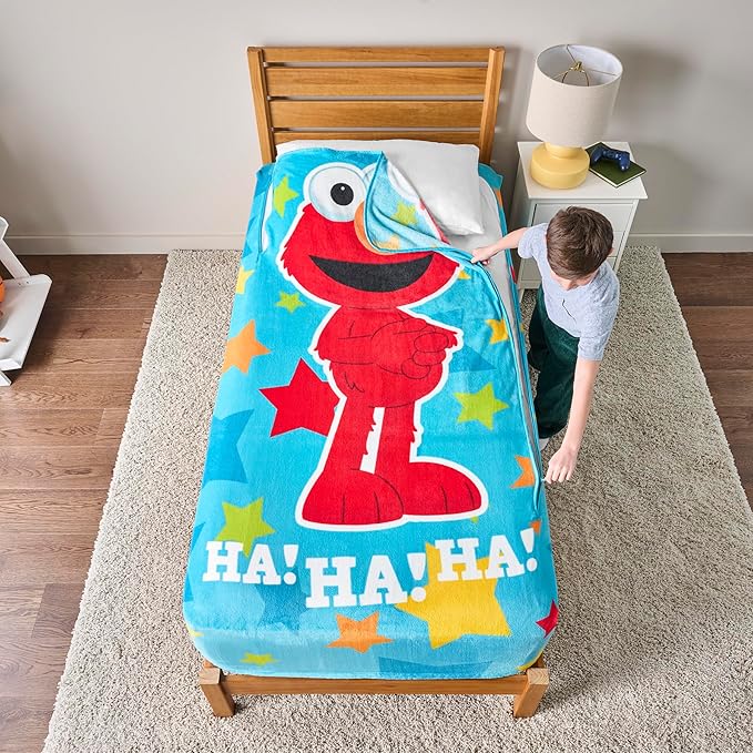 ZippySack Twin Bed Zip-Up Bedding – Super Soft Fleece Fitted Blanket with Side Pocket & Durable Zipper – Easy Bed-Making for Kids (Sesame Street Elmo)