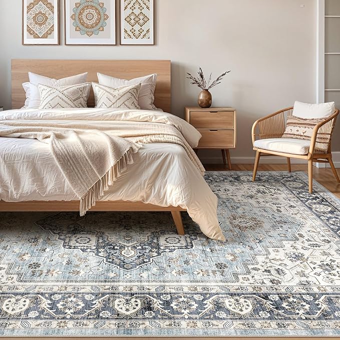 10x12 Area Rug Living Room: Washable Boho Large Neutral Vintage Soft Rugs Stain Resistant Farmhouse Non-Slip Indoor Floor Carpet for Bedroom Nursery Kids Playroom Office Dining Room- Tan Blue