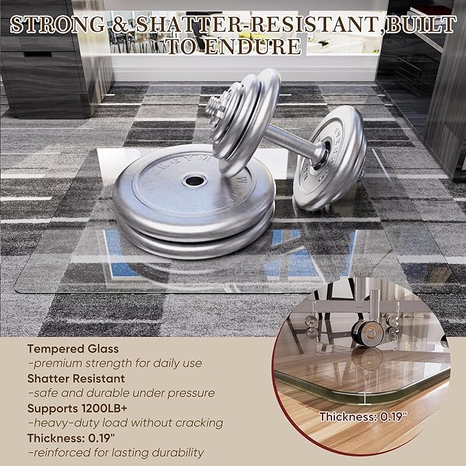 45"x45" Tempered Glass Office Chair Mat for Carpet & Hardwood Floor, 1/5" Thick Clear Floor Protector Desk Chair Mat with Rounded and Polished Edges