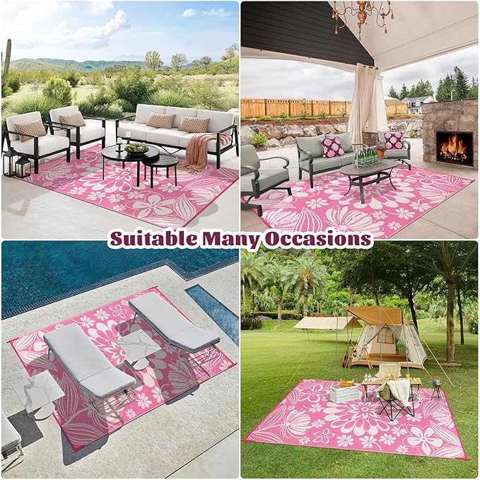 Ileading Outdoor Plastic Straw Rug 5x8ft Funny Floral Style Reversible Patio Area Rugs Waterproof Non Shedding Portable Carpets for Rv Outside Deck Pool Beach Picnic Camping (Pink)