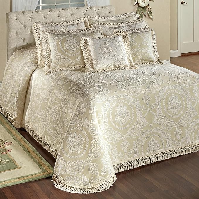 Timeless Vintage Style Bedding | Neutral Sage and Ecru | Textured Matelasse Rose Medallions and Leaves | 6 Piece Lightweight Bed Set: Oversized King Bedspread, 4 King Shams, & Square Decorative Pillow