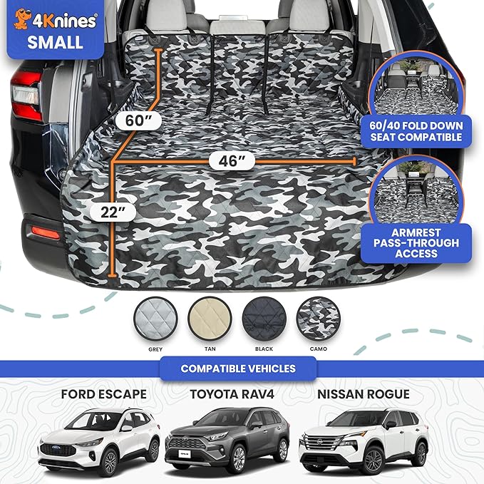 4Knines Split Cargo Liner for SUV – for Dogs & Pets, Heavy-Duty, Waterproof Trunk Mat & Cargo Cover – Fits 60/40 Split Bench & Armrest Pass-Through – Machine Washable, Non-Slip, Durable (Small, Camo)