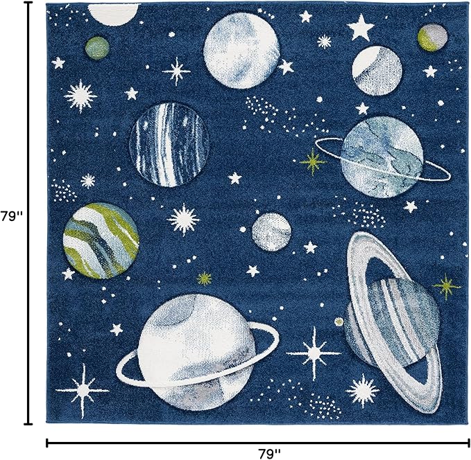 SAFAVIEH Carousel Kids Collection Area Rug - 6'7" Square, Navy & Ivory, Non-Shedding & Easy Care, Ideal for High Traffic Areas for Boys & Girls in Playroom, Nursery, Bedroom (CRK103N)