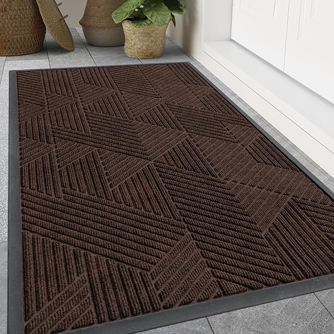 Smiry Front Door Mat Outside Entrance, Heavy Duty Sturdy Natural Rubber Doormat, Trap Dirt and Moisture, Easy Clean Low Profile Mats for Indoor Outdoor Entry, Irregular Triangle (71x47, Dark Brown)