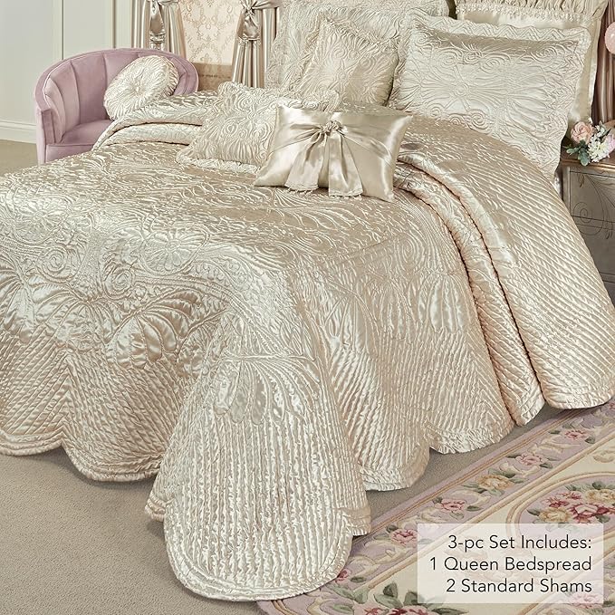 Touch of Class Portia Luxury Bedding | Soft Pearl | Premier Quilted Polyester Satin | Romantic Hand Guided Machine Quilted Scroll Design 3 Piece Set: Queen Oversized Bedspread and 2 Standard Shams