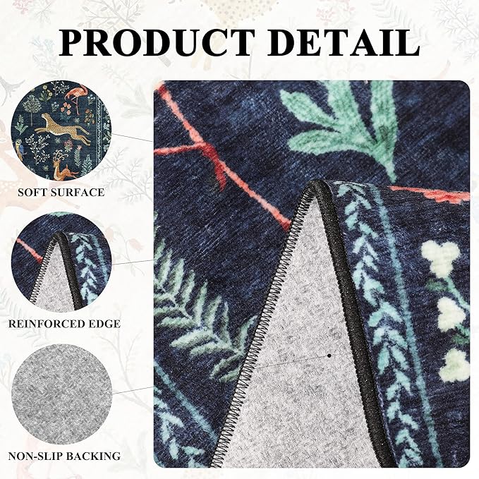 DUKINO Runner Rug, 2x8 Washable Kitchen Rugs for Hallways with Non Slip Backing, Soft Low Pile Vintage Animal Runner for Kitchen, Hallway, Entryway, Laundry, Bedroom, Navy Blue