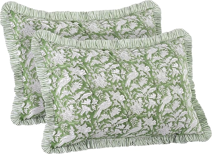 CPC Olive Green 100% Cotton Block Print Ruffle Sham Cover 20X30 inch Pack of 2, Handmade Boho Floral Pillowcase, Soft Decorative Queen Bed Pillow Cover for Bedroom Décor