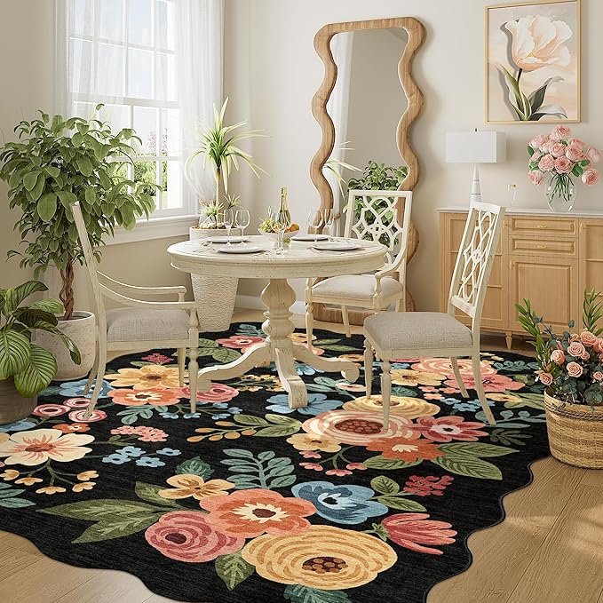 DUKINO 5x7 Area Rug, Floral Washable Rugs for Living Room with Non Slip Backing & Non-Shedding, Lightwight Low Pile Boho Design Large Carpets for Bedroom, Living Room, Dining Room, Black